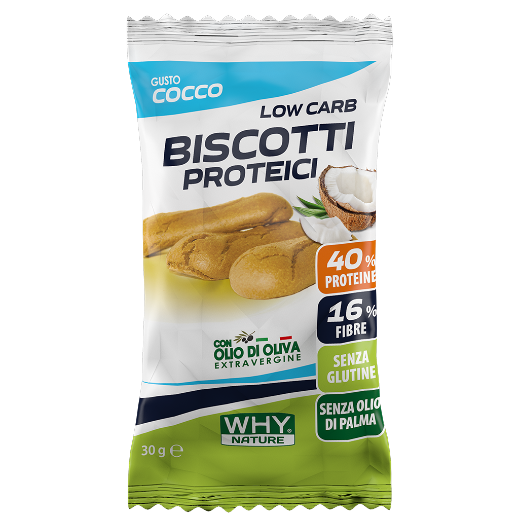 WHY NATURE LOW CARB - BISCOTTI PROTEICI - BOX BISCOTTI Proteici Monoporzione Senza Glutine - Gusto Cocco - Box da 25 Pezzi - 30 gr